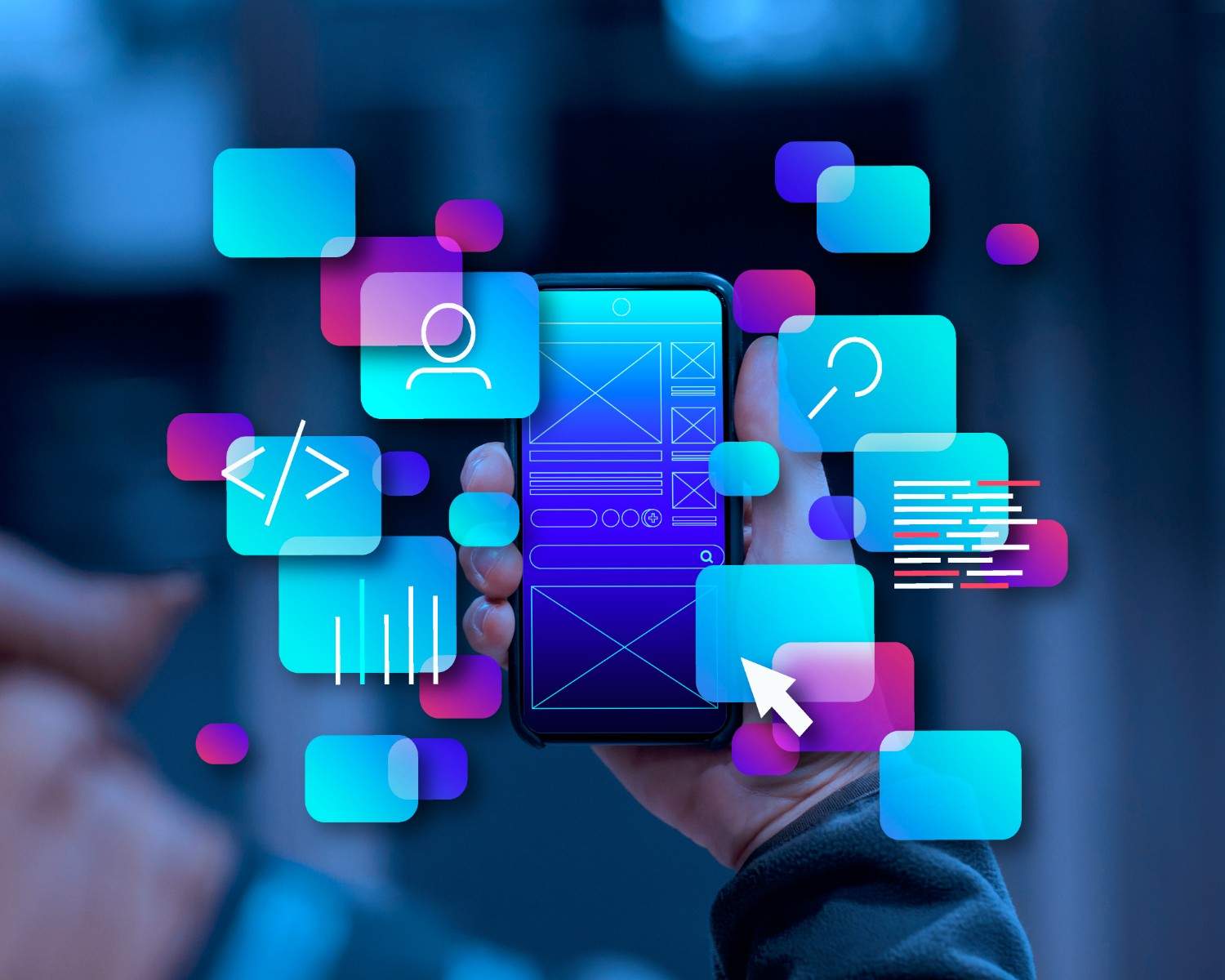 A graphical image with a mobile phone in a hand and some icons and pop ups, referring to progressive web app and cross-platform development.