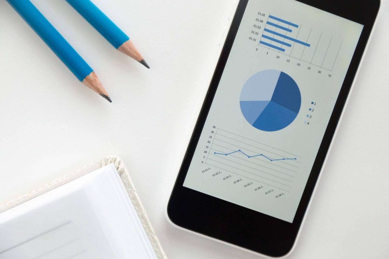 Topic view of a mobile phone with some app analytics on screen.